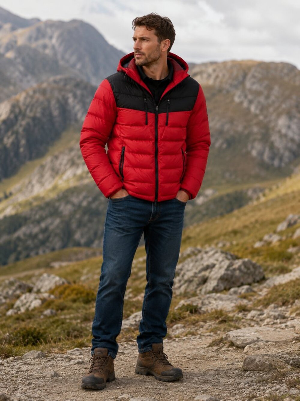 Men’s Club Room Performance Red & Black Hooded Puffer Jacket Size M